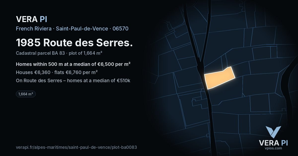 1985 Route des Serres, Saint-Paul-de-Vence at night – the plot lit, the parcels around coloured by the prices near them