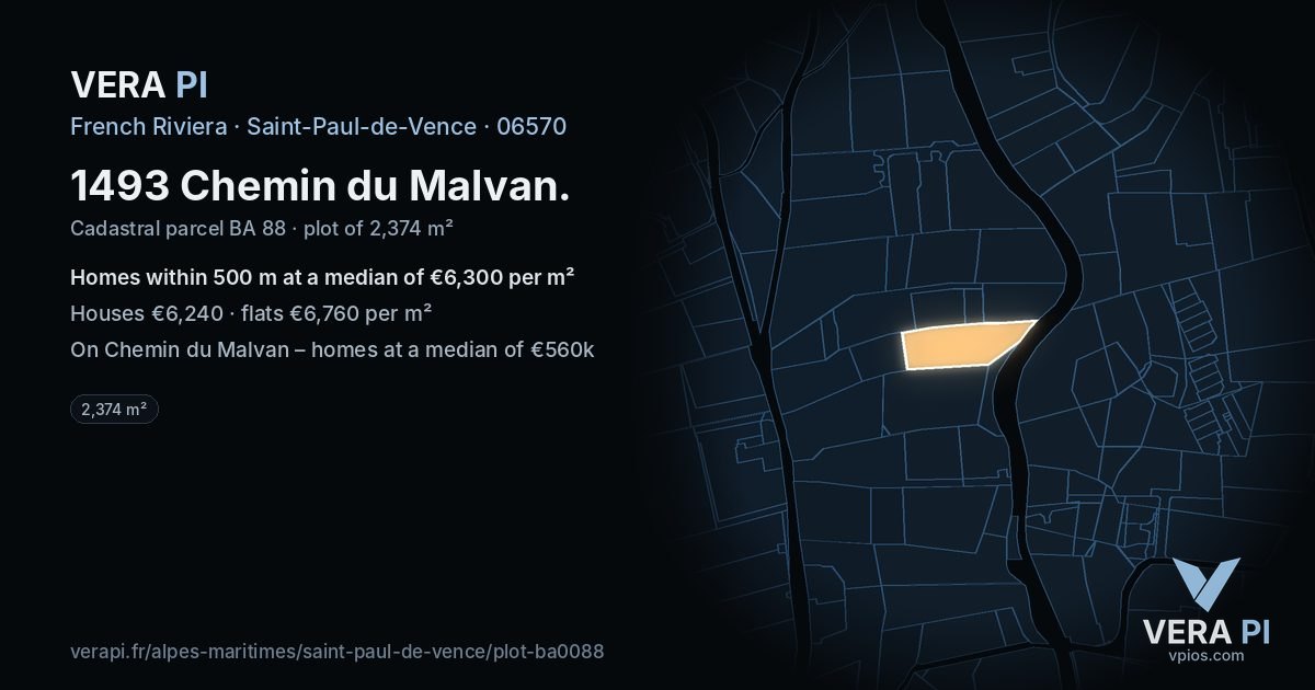 1493 Chemin du Malvan, Saint-Paul-de-Vence at night – the plot lit, the parcels around coloured by the prices near them