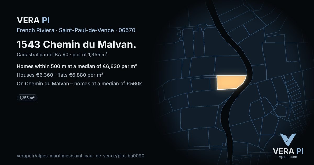 1543 Chemin du Malvan, Saint-Paul-de-Vence at night – the plot lit, the parcels around coloured by the prices near them