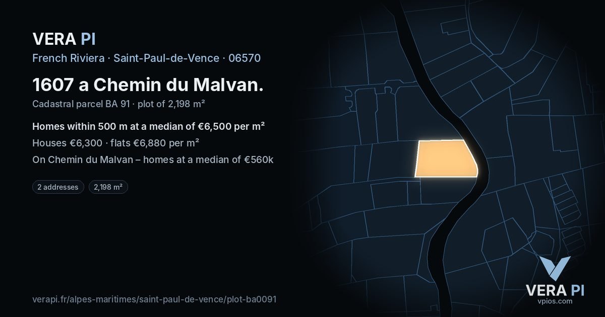 1607 a Chemin du Malvan, Saint-Paul-de-Vence at night – the plot lit, the parcels around coloured by the prices near them