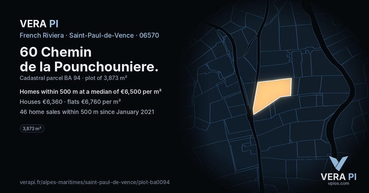 60 Chemin de la Pounchouniere, Saint-Paul-de-Vence at night – the plot lit, the parcels around coloured by the prices near them