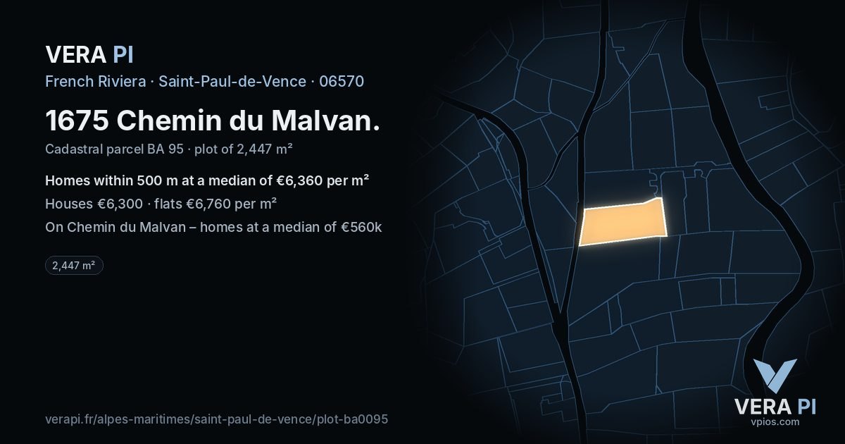 1675 Chemin du Malvan, Saint-Paul-de-Vence at night – the plot lit, the parcels around coloured by the prices near them