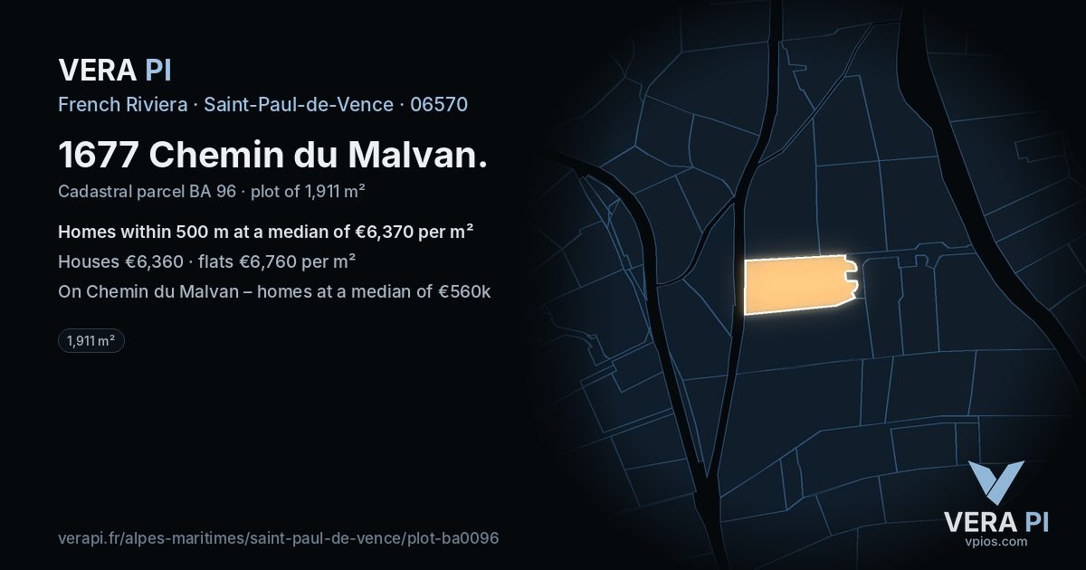 1677 Chemin du Malvan, Saint-Paul-de-Vence at night – the plot lit, the parcels around coloured by the prices near them