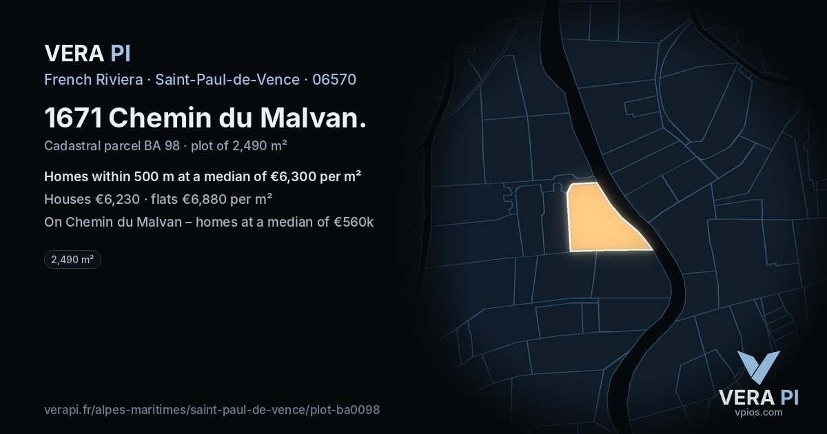 1671 Chemin du Malvan, Saint-Paul-de-Vence at night – the plot lit, the parcels around coloured by the prices near them