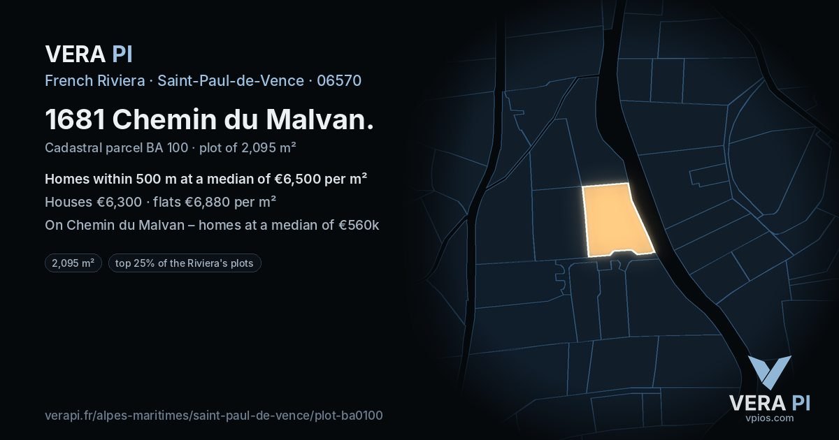1681 Chemin du Malvan, Saint-Paul-de-Vence at night – the plot lit, the parcels around coloured by the prices near them