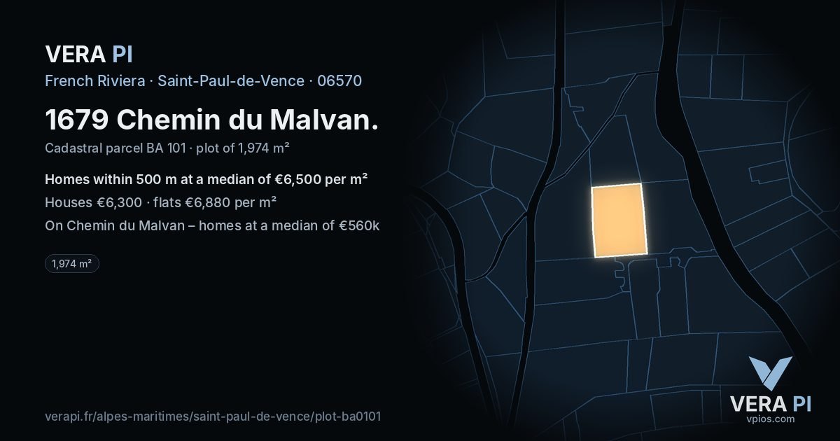 1679 Chemin du Malvan, Saint-Paul-de-Vence at night – the plot lit, the parcels around coloured by the prices near them