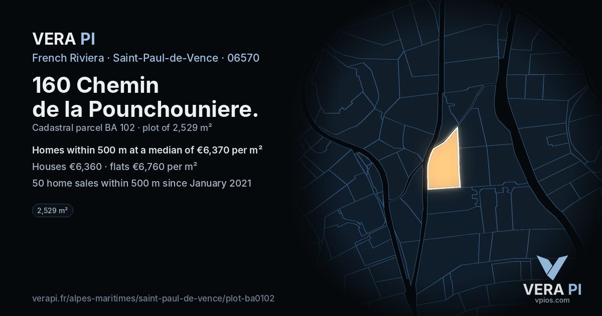 160 Chemin de la Pounchouniere, Saint-Paul-de-Vence at night – the plot lit, the parcels around coloured by the prices near them