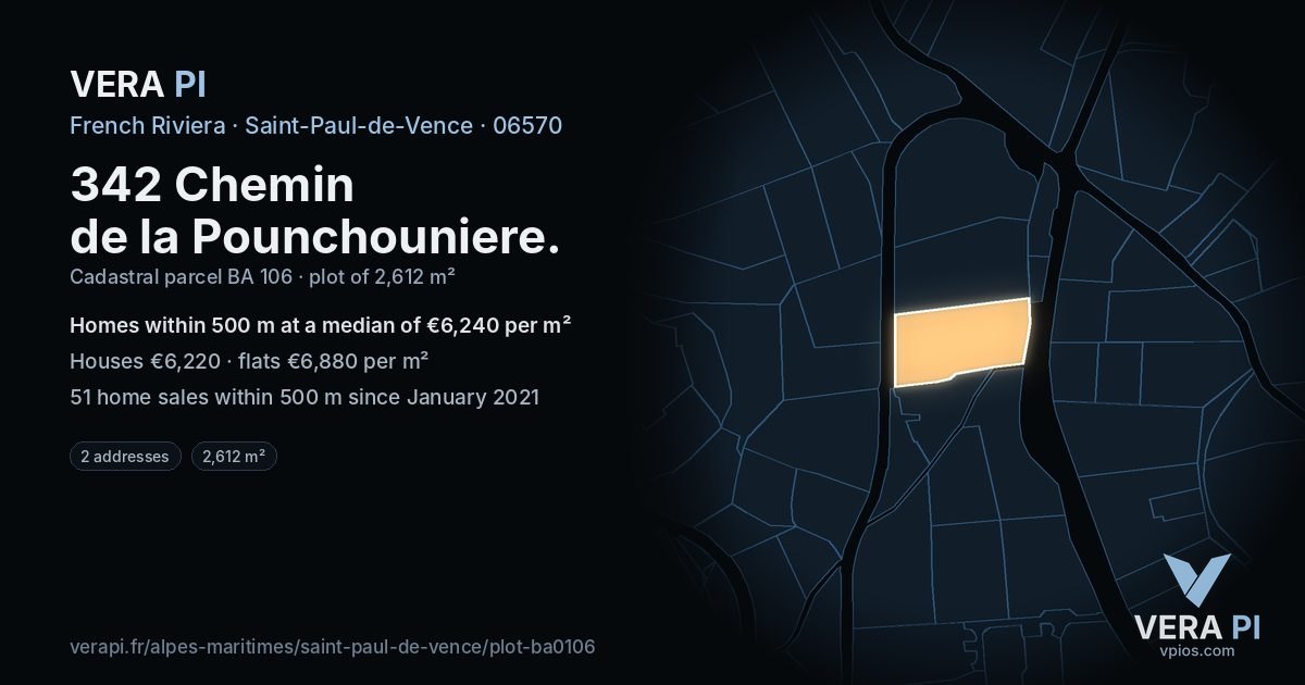 342 Chemin de la Pounchouniere, Saint-Paul-de-Vence at night – the plot lit, the parcels around coloured by the prices near them
