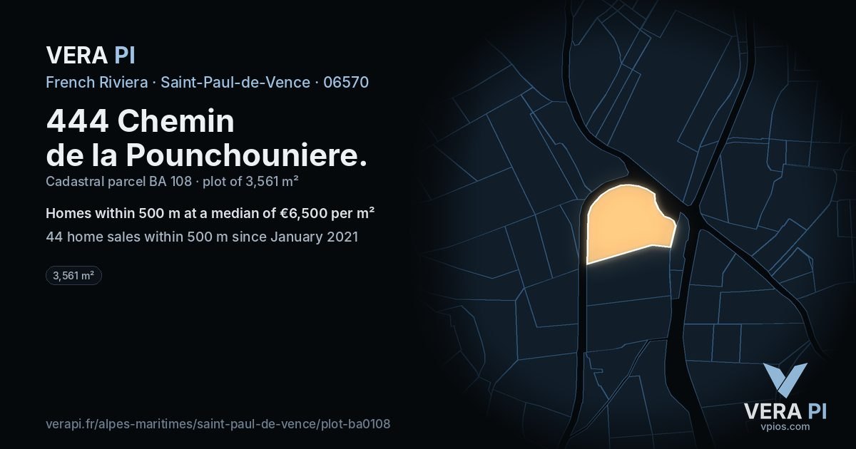 444 Chemin de la Pounchouniere, Saint-Paul-de-Vence at night – the plot lit, the parcels around coloured by the prices near them