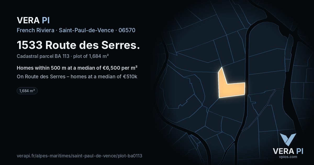 1533 Route des Serres, Saint-Paul-de-Vence at night – the plot lit, the parcels around coloured by the prices near them