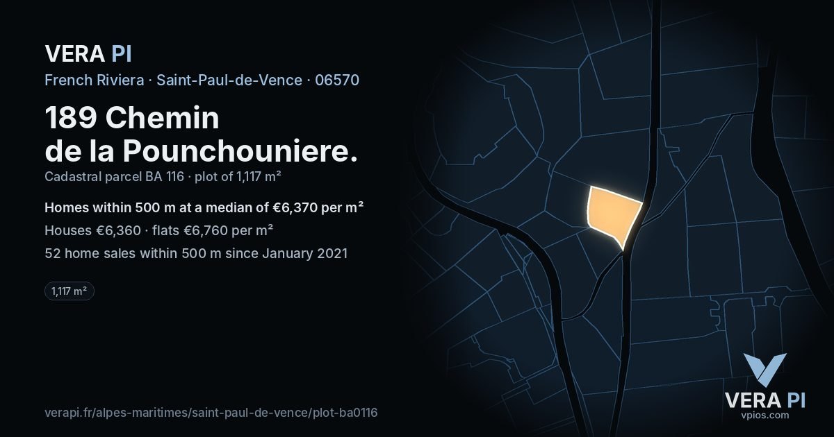 189 Chemin de la Pounchouniere, Saint-Paul-de-Vence at night – the plot lit, the parcels around coloured by the prices near them