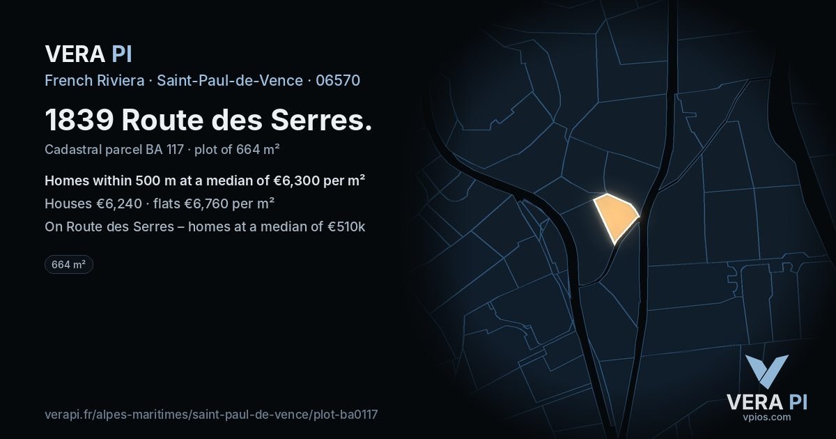 1839 Route des Serres, Saint-Paul-de-Vence at night – the plot lit, the parcels around coloured by the prices near them