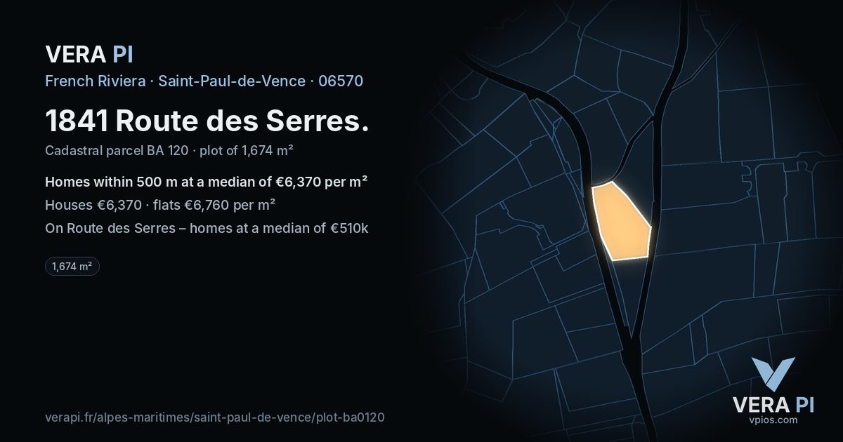 1841 Route des Serres, Saint-Paul-de-Vence at night – the plot lit, the parcels around coloured by the prices near them