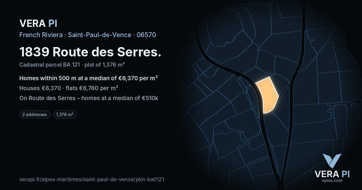 1839 Route des Serres, Saint-Paul-de-Vence at night – the plot lit, the parcels around coloured by the prices near them