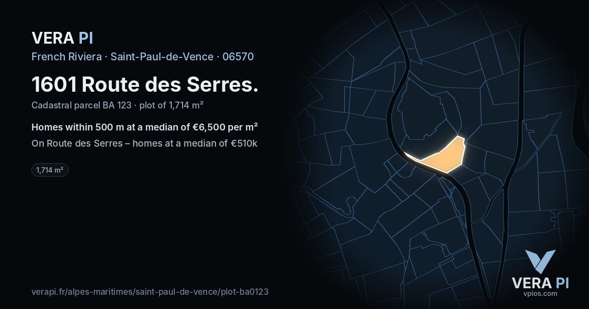 1601 Route des Serres, Saint-Paul-de-Vence at night – the plot lit, the parcels around coloured by the prices near them