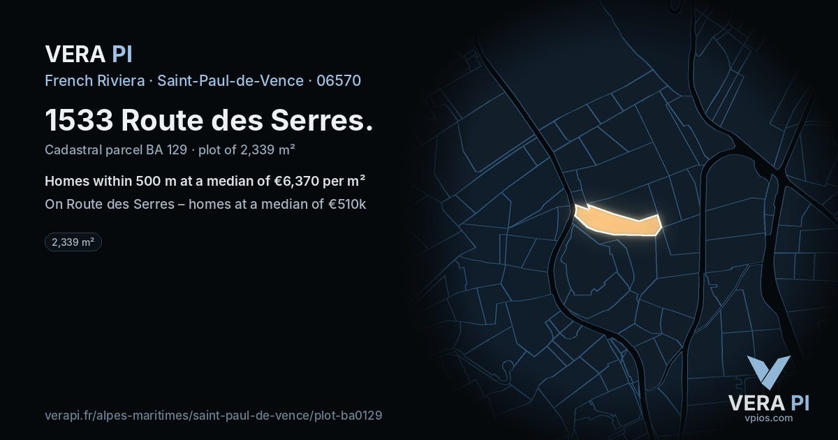 1533 Route des Serres, Saint-Paul-de-Vence at night – the plot lit, the parcels around coloured by the prices near them