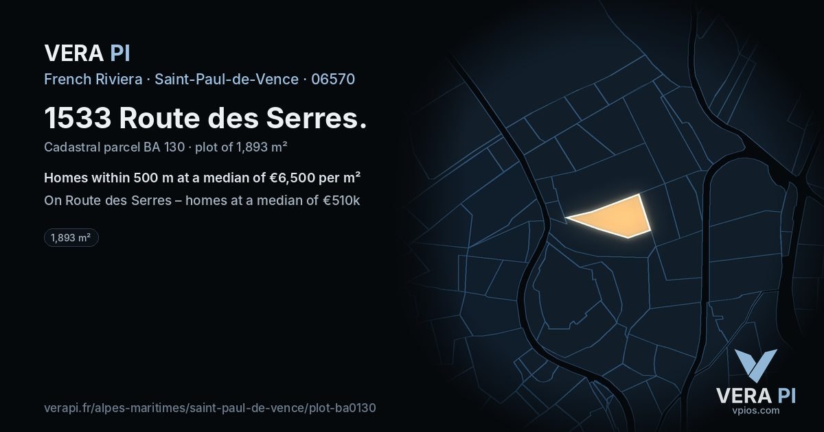 1533 Route des Serres, Saint-Paul-de-Vence at night – the plot lit, the parcels around coloured by the prices near them