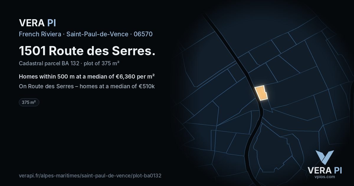 1501 Route des Serres, Saint-Paul-de-Vence at night – the plot lit, the parcels around coloured by the prices near them