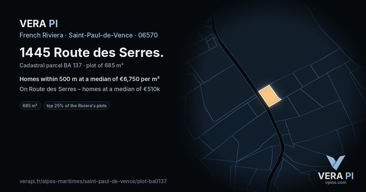 1445 Route des Serres, Saint-Paul-de-Vence at night – the plot lit, the parcels around coloured by the prices near them