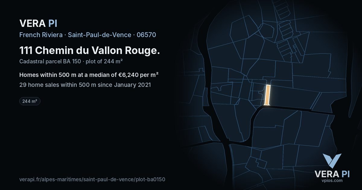 111 Chemin du Vallon Rouge, Saint-Paul-de-Vence at night – the plot lit, the parcels around coloured by the prices near them