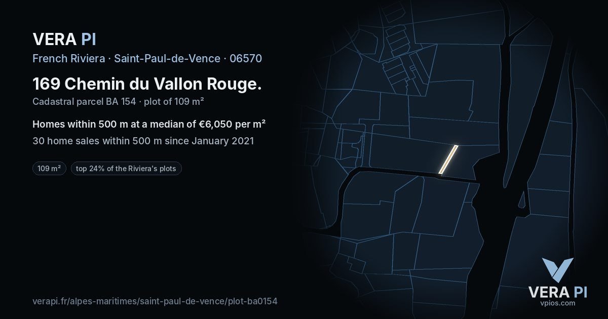 169 Chemin du Vallon Rouge, Saint-Paul-de-Vence at night – the plot lit, the parcels around coloured by the prices near them
