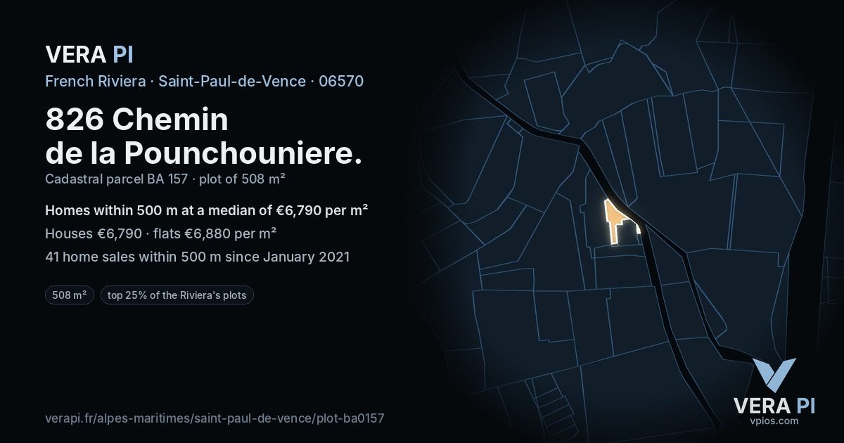 826 Chemin de la Pounchouniere, Saint-Paul-de-Vence at night – the plot lit, the parcels around coloured by the prices near them