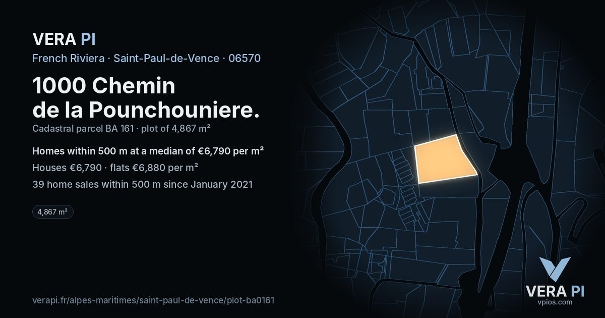 1000 Chemin de la Pounchouniere, Saint-Paul-de-Vence at night – the plot lit, the parcels around coloured by the prices near them