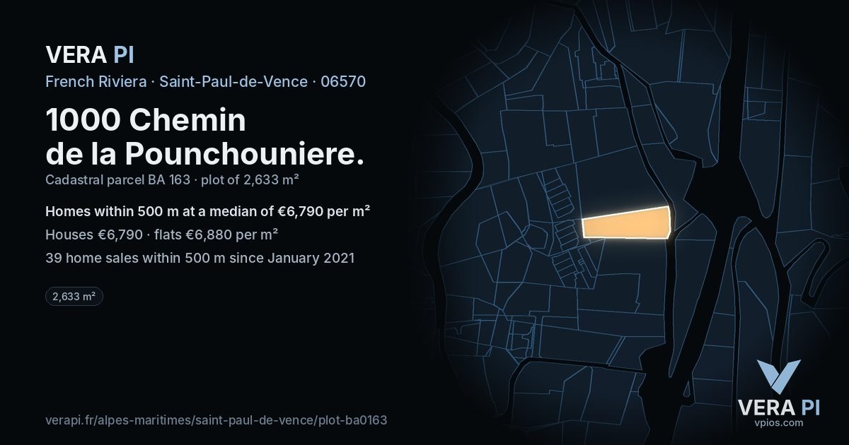 1000 Chemin de la Pounchouniere, Saint-Paul-de-Vence at night – the plot lit, the parcels around coloured by the prices near them