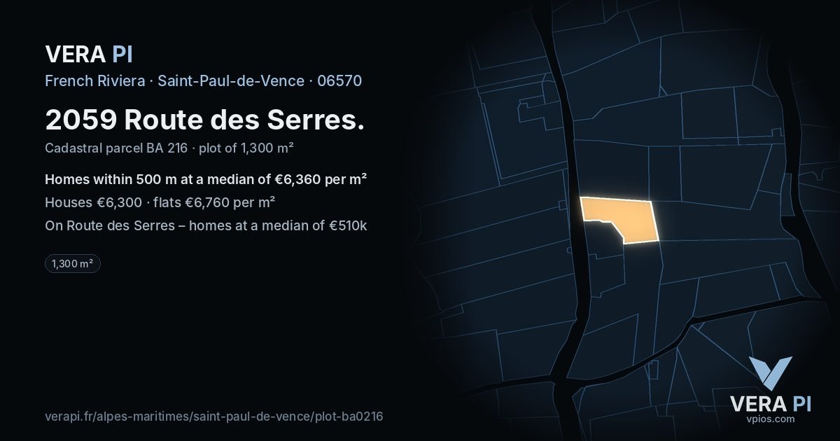 2059 Route des Serres, Saint-Paul-de-Vence at night – the plot lit, the parcels around coloured by the prices near them