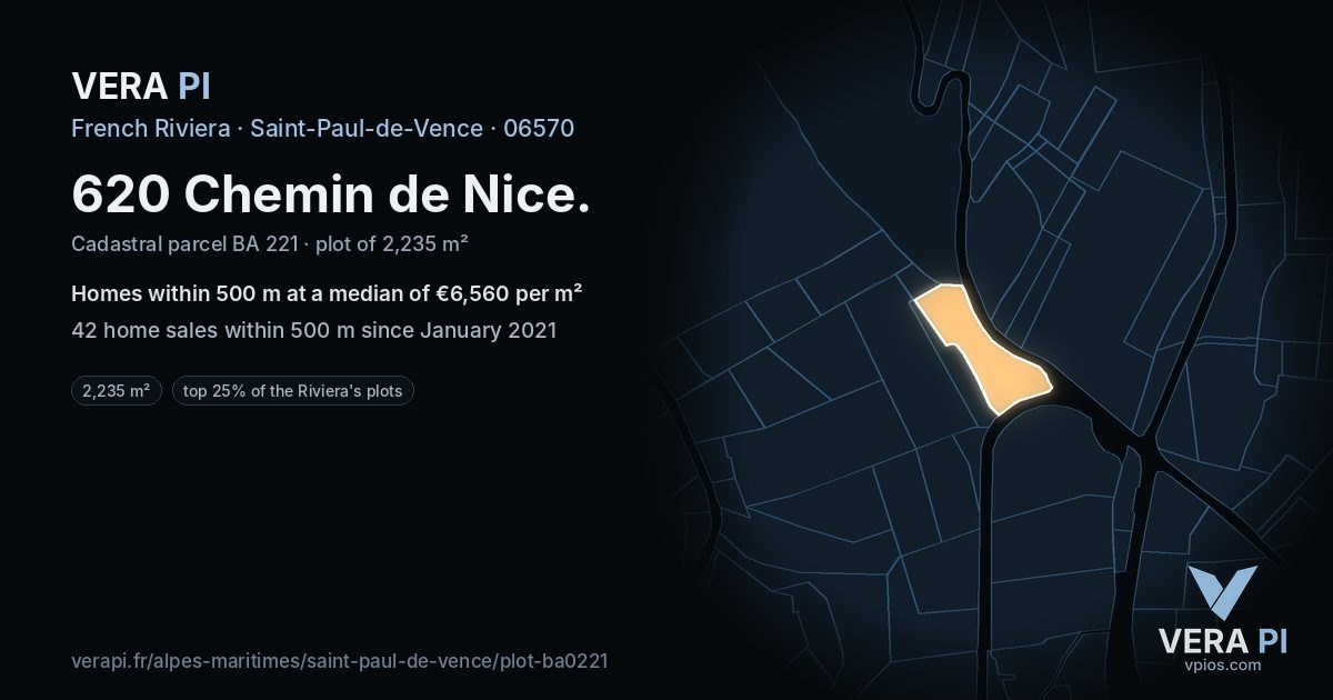 620 Chemin de Nice, Saint-Paul-de-Vence at night – the plot lit, the parcels around coloured by the prices near them