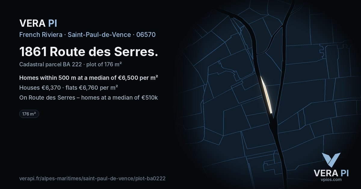 1861 Route des Serres, Saint-Paul-de-Vence at night – the plot lit, the parcels around coloured by the prices near them