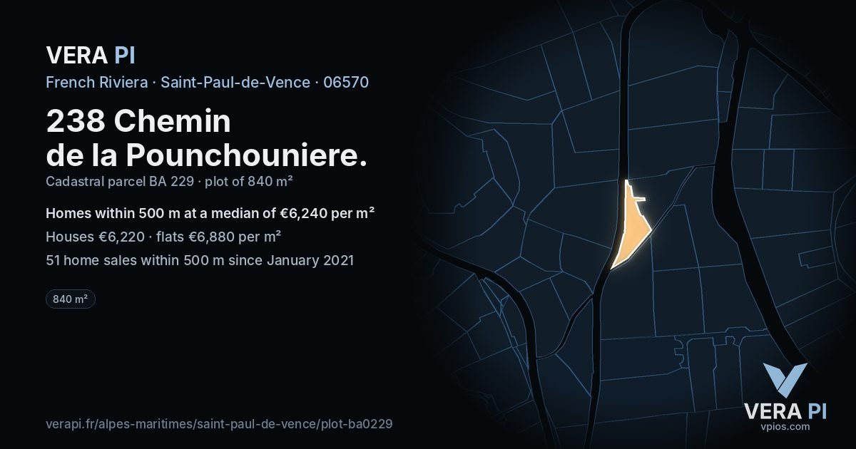 238 Chemin de la Pounchouniere, Saint-Paul-de-Vence at night – the plot lit, the parcels around coloured by the prices near them