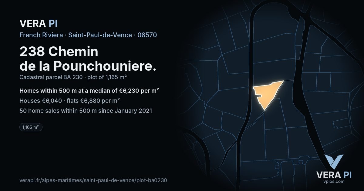 238 Chemin de la Pounchouniere, Saint-Paul-de-Vence at night – the plot lit, the parcels around coloured by the prices near them