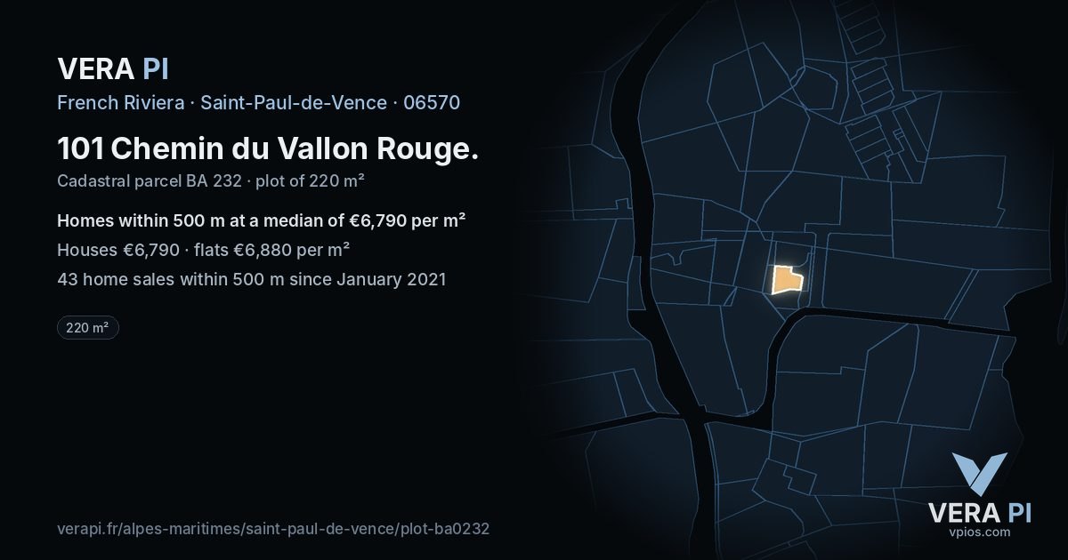 101 Chemin du Vallon Rouge, Saint-Paul-de-Vence at night – the plot lit, the parcels around coloured by the prices near them