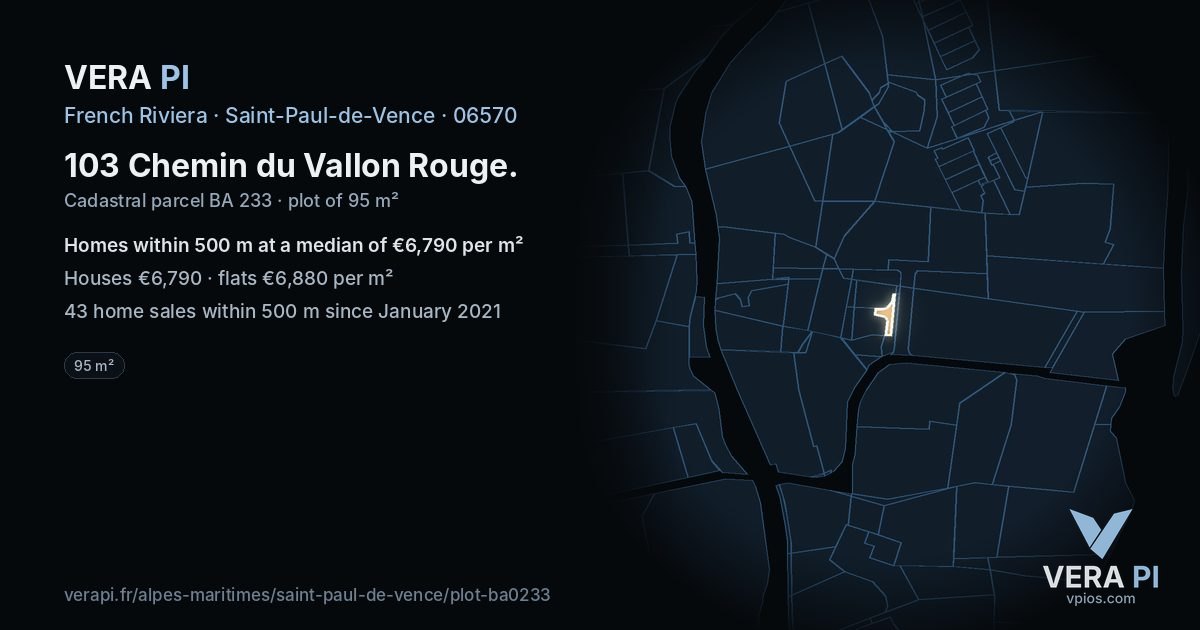 103 Chemin du Vallon Rouge, Saint-Paul-de-Vence at night – the plot lit, the parcels around coloured by the prices near them