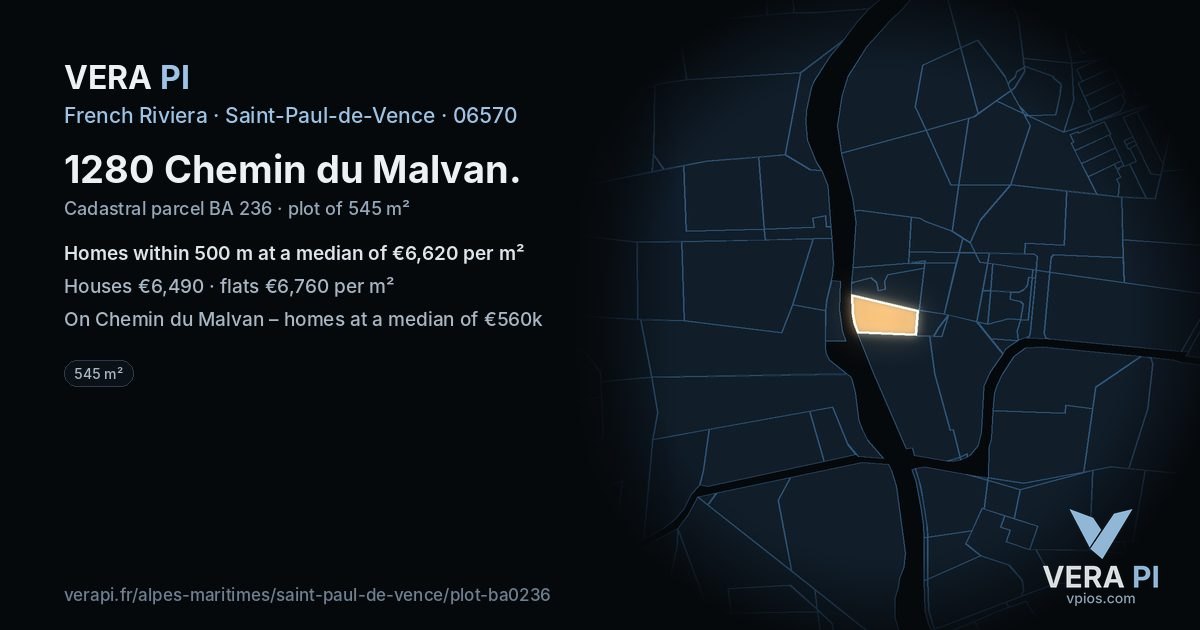 1280 Chemin du Malvan, Saint-Paul-de-Vence at night – the plot lit, the parcels around coloured by the prices near them