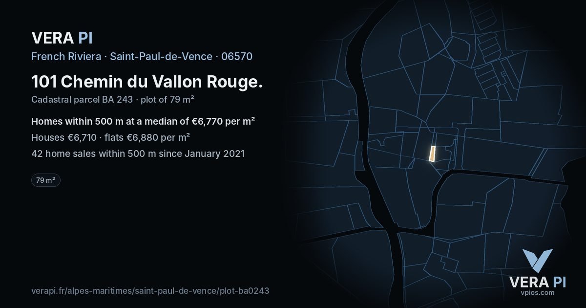 101 Chemin du Vallon Rouge, Saint-Paul-de-Vence at night – the plot lit, the parcels around coloured by the prices near them