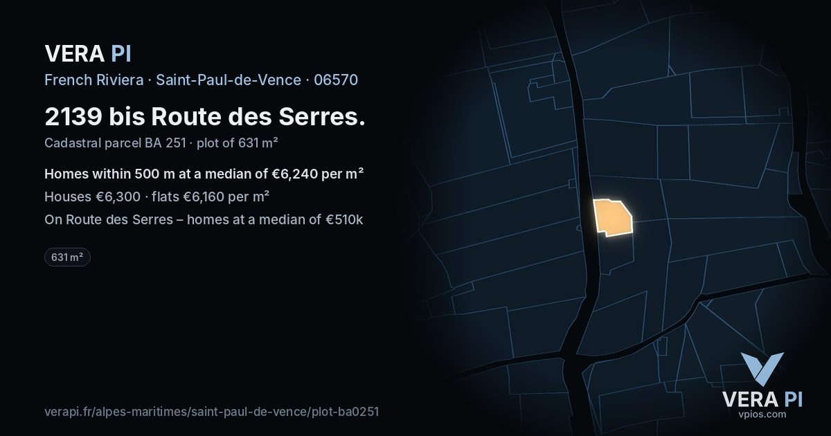2139 bis Route des Serres, Saint-Paul-de-Vence at night – the plot lit, the parcels around coloured by the prices near them