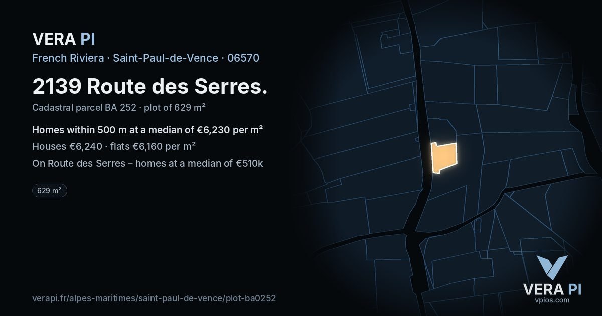 2139 Route des Serres, Saint-Paul-de-Vence at night – the plot lit, the parcels around coloured by the prices near them