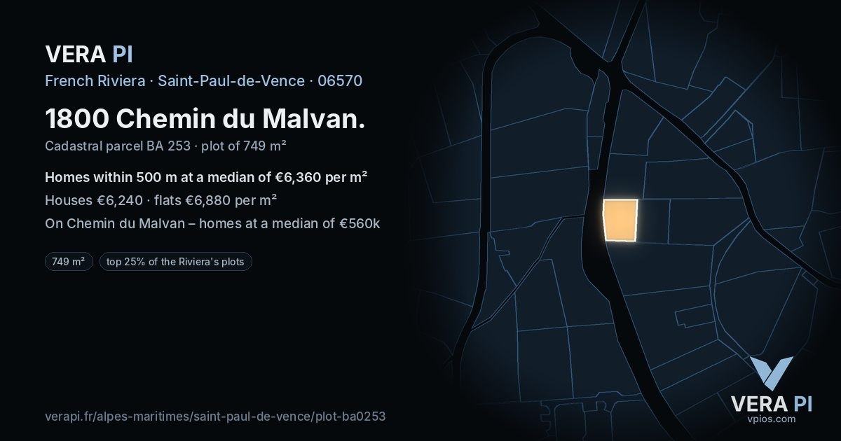 1800 Chemin du Malvan, Saint-Paul-de-Vence at night – the plot lit, the parcels around coloured by the prices near them
