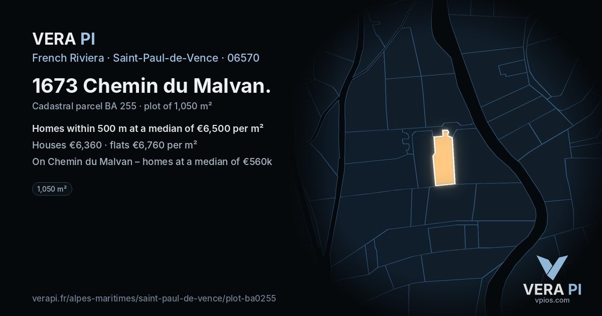 1673 Chemin du Malvan, Saint-Paul-de-Vence at night – the plot lit, the parcels around coloured by the prices near them