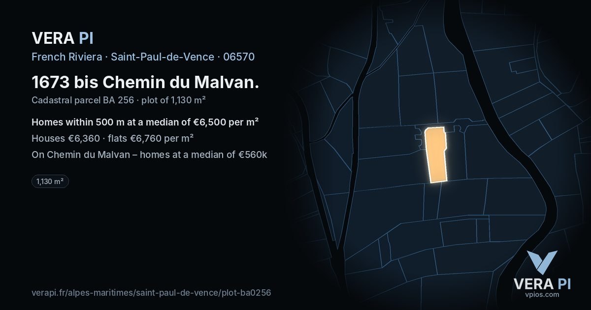 1673 bis Chemin du Malvan, Saint-Paul-de-Vence at night – the plot lit, the parcels around coloured by the prices near them
