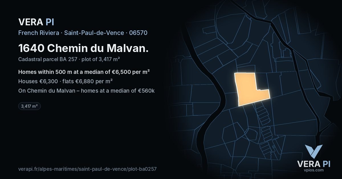 1640 Chemin du Malvan, Saint-Paul-de-Vence at night – the plot lit, the parcels around coloured by the prices near them