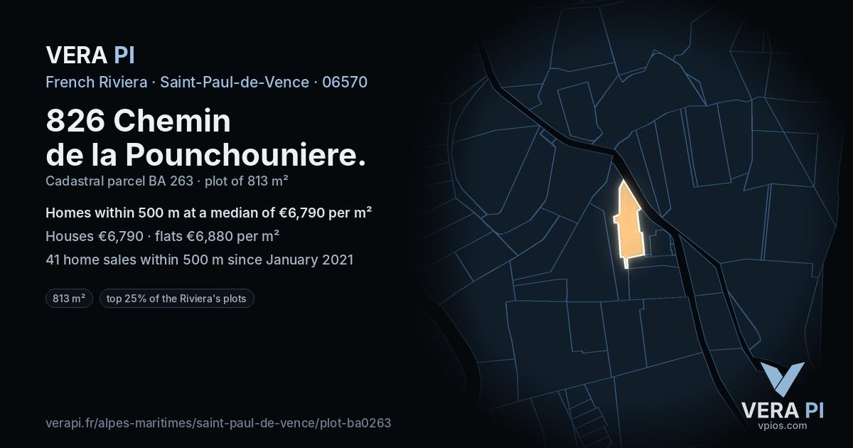 826 Chemin de la Pounchouniere, Saint-Paul-de-Vence at night – the plot lit, the parcels around coloured by the prices near them