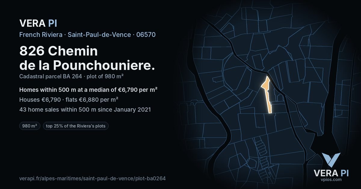 826 Chemin de la Pounchouniere, Saint-Paul-de-Vence at night – the plot lit, the parcels around coloured by the prices near them