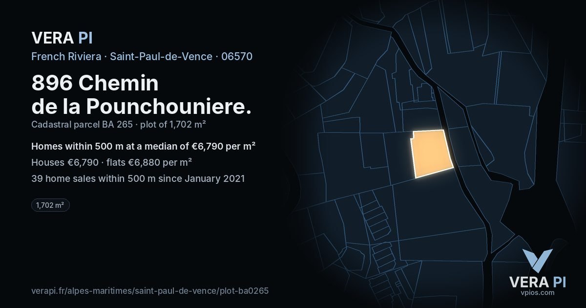 896 Chemin de la Pounchouniere, Saint-Paul-de-Vence at night – the plot lit, the parcels around coloured by the prices near them