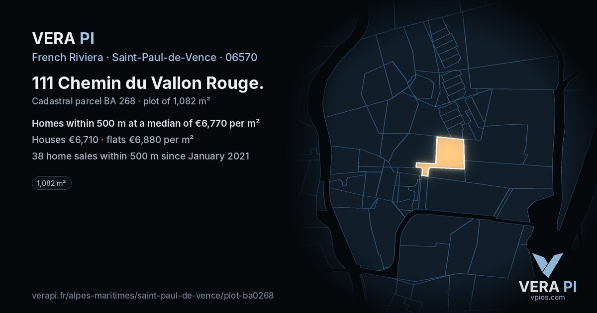 111 Chemin du Vallon Rouge, Saint-Paul-de-Vence at night – the plot lit, the parcels around coloured by the prices near them
