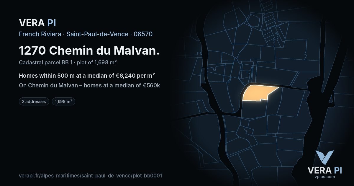 1270 Chemin du Malvan, Saint-Paul-de-Vence at night – the plot lit, the parcels around coloured by the prices near them