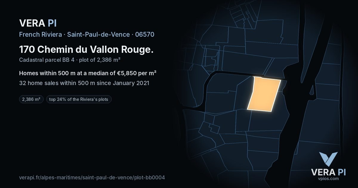 170 Chemin du Vallon Rouge, Saint-Paul-de-Vence at night – the plot lit, the parcels around coloured by the prices near them