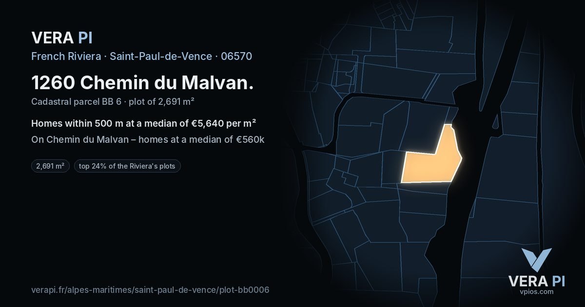 1260 Chemin du Malvan, Saint-Paul-de-Vence at night – the plot lit, the parcels around coloured by the prices near them